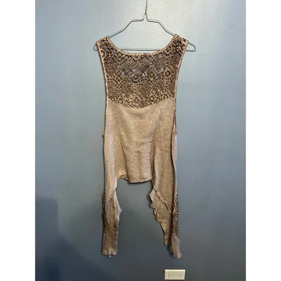 Fantazia Light Brown Asymmetrical Tank Top Crochet Boho Whimsical Festival SZ LG - Picture 6 of 8